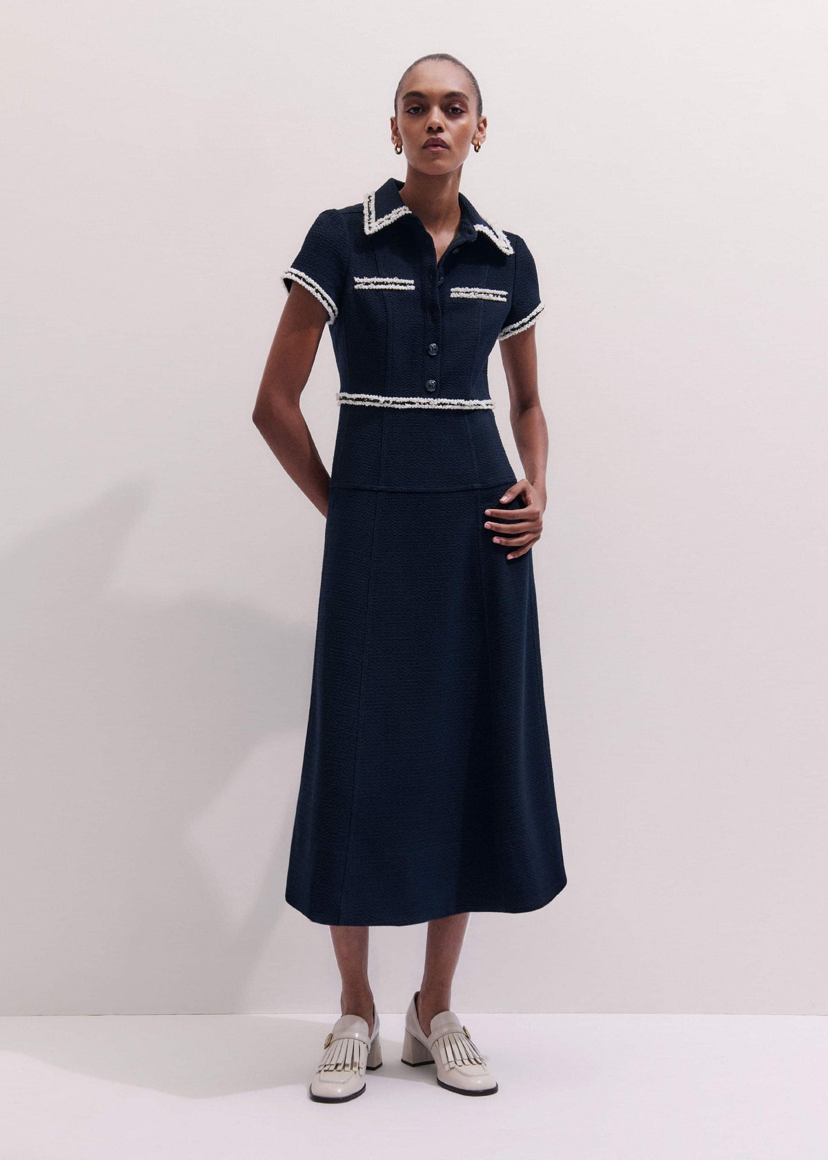 Navy Fit + Flare Fray Trim Midi Dress | ME+EM