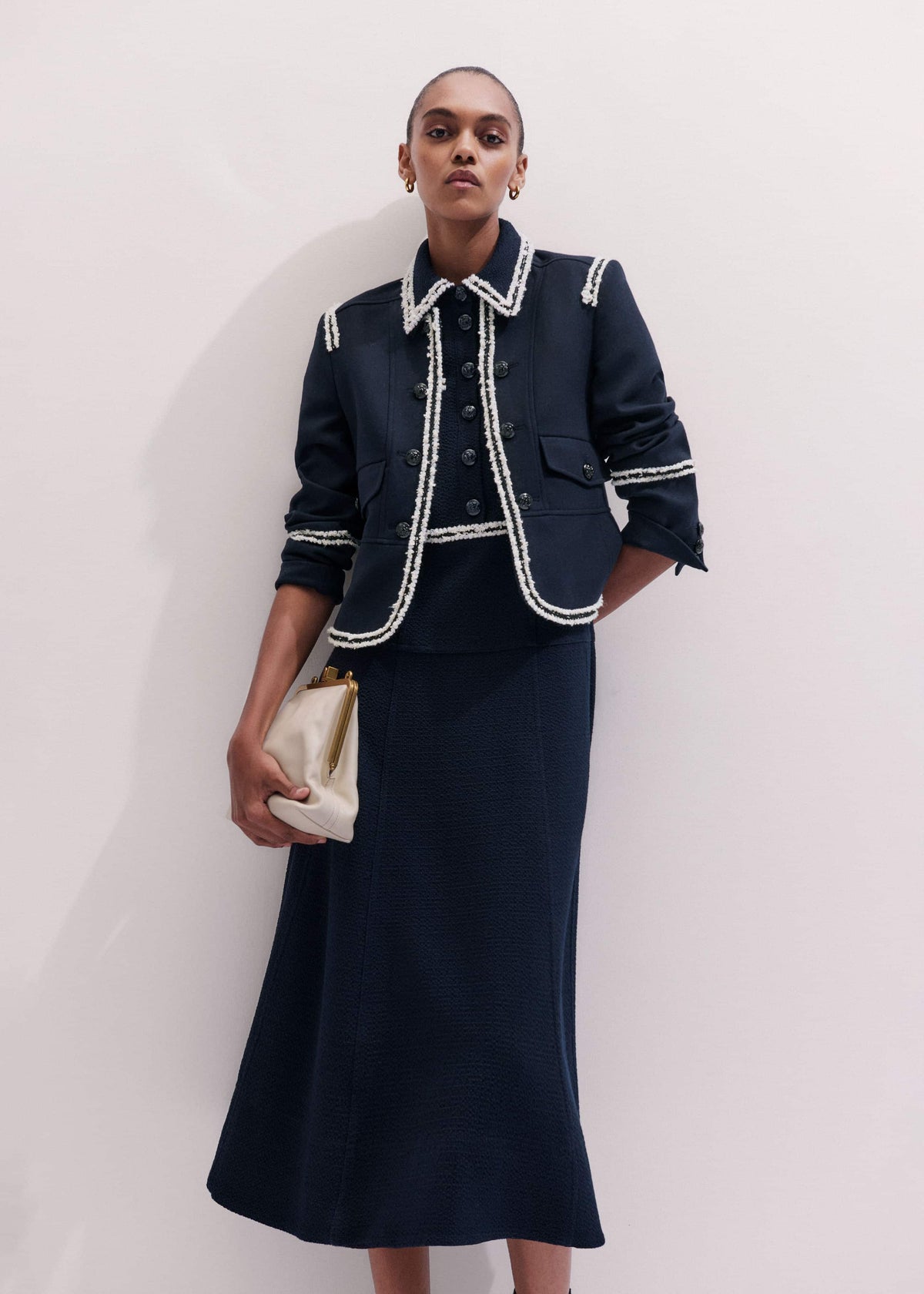 Navy Fit + Flare Fray Trim Midi Dress | ME+EM