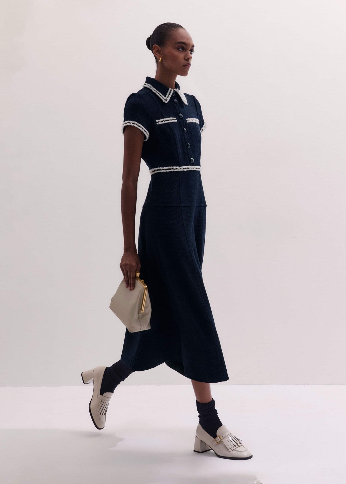 Navy Fit + Flare Fray Trim Midi Dress | ME+EM
