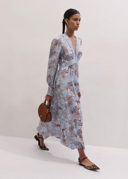 Blue Silk Delicate Paisley Print Fit + Flare Maxi Dress | ME+EM