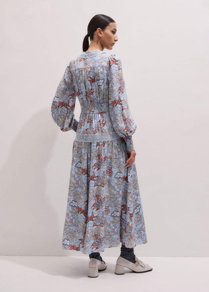 Blue Silk Delicate Paisley Print Fit + Flare Maxi Dress | ME+EM