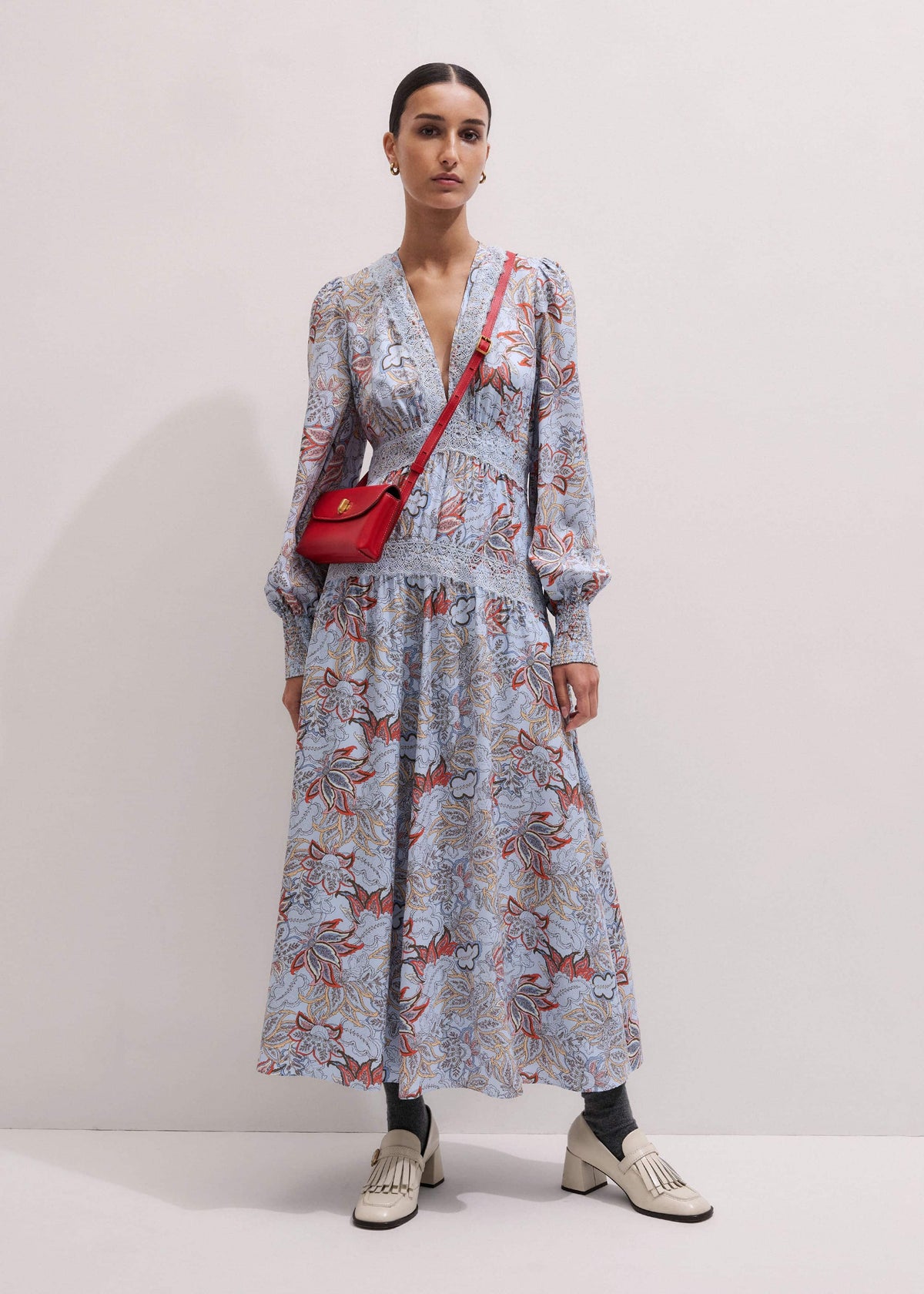 Blue Silk Delicate Paisley Print Fit + Flare Maxi Dress | ME+EM