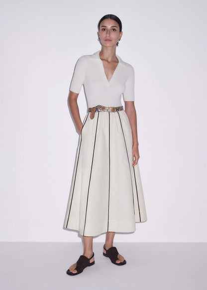 Cream Mixed Media Fit And Flare Midi Dress + Belt | ME+EM