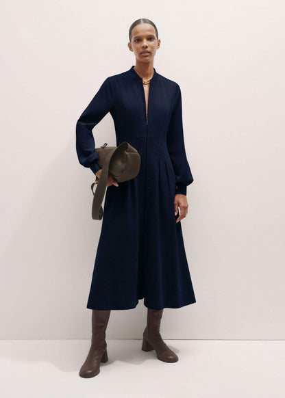 Navy Cotton Cord Pleated Midi Dress | ME+EM