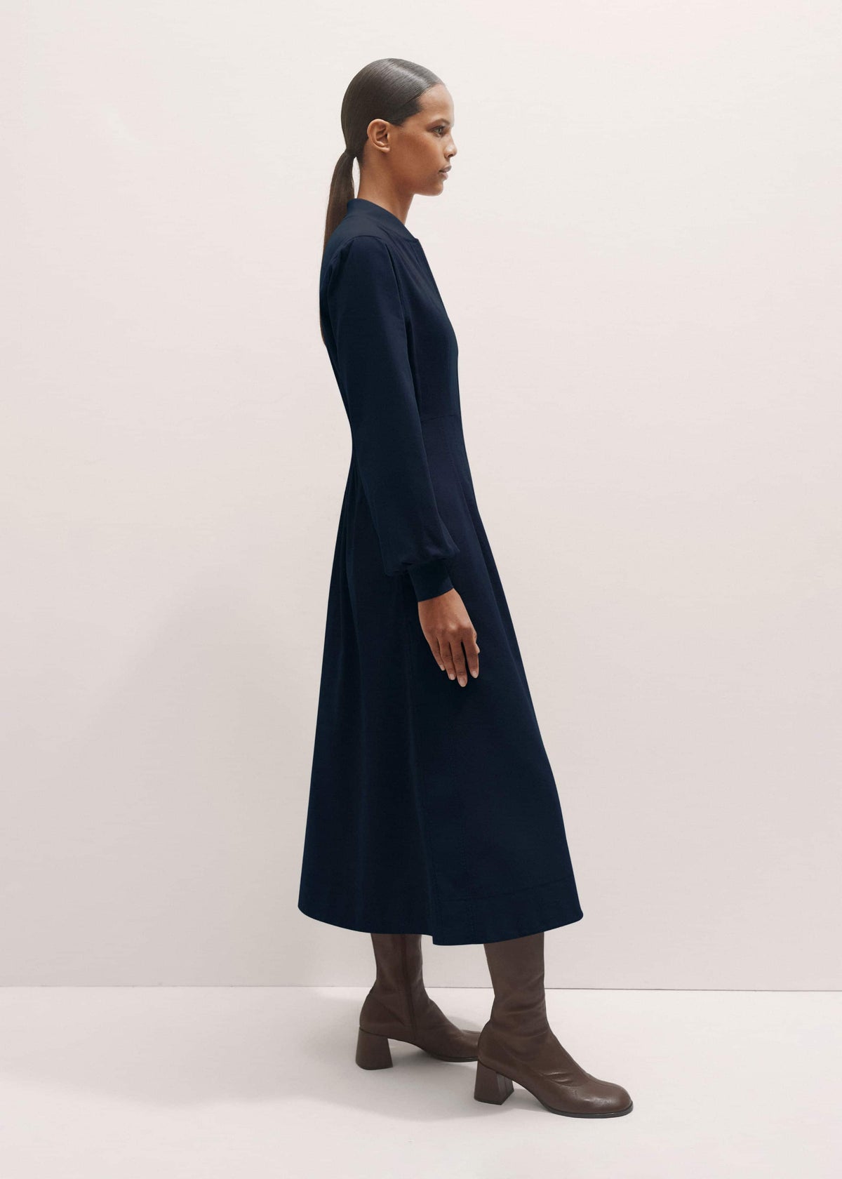Navy Cotton Cord Pleated Midi Dress | ME+EM