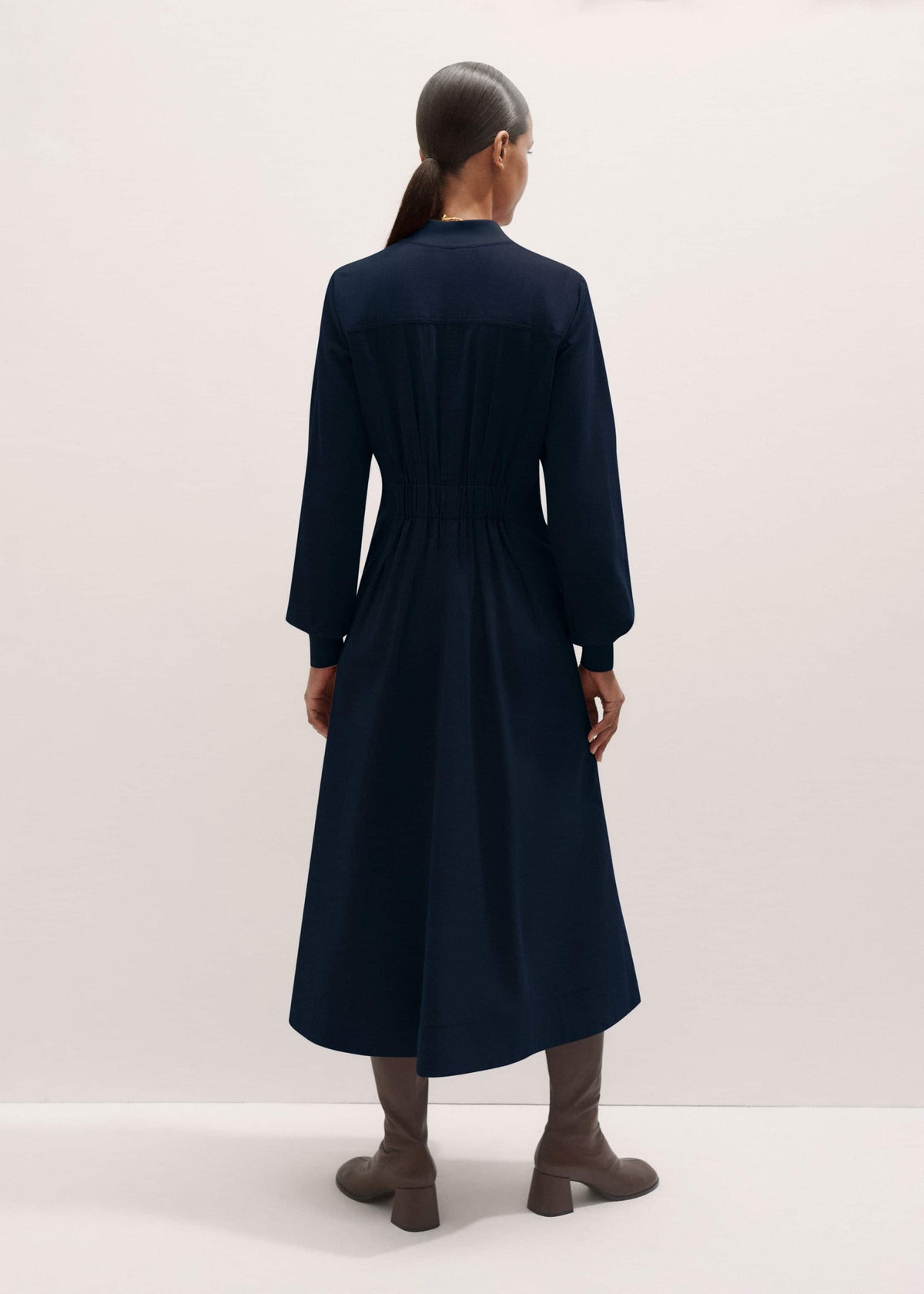 Navy Cotton Cord Pleated Midi Dress | ME+EM