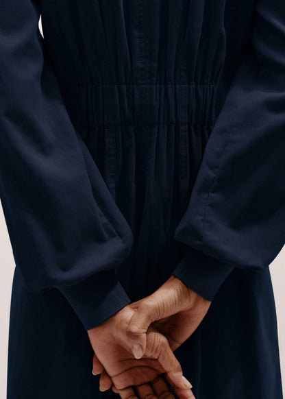 Navy Cotton Cord Pleated Midi Dress | ME+EM