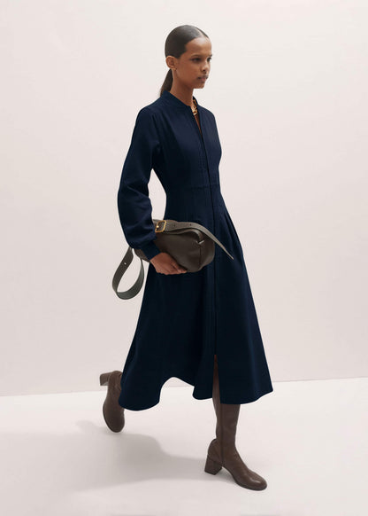 Navy Cotton Cord Pleated Midi Dress | ME+EM