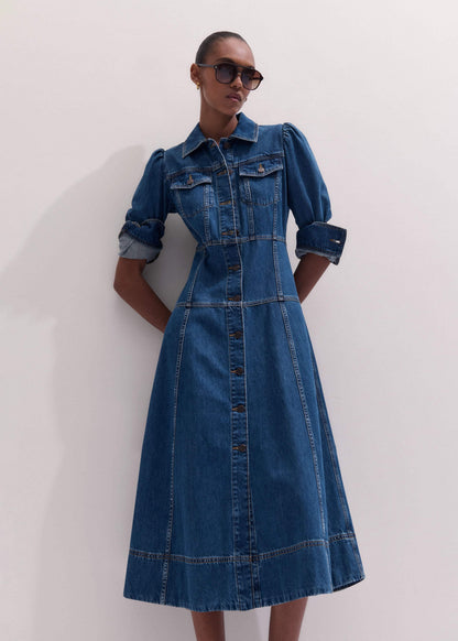 Blue Panelled Fit + Flare Midi Dress | ME+EM
