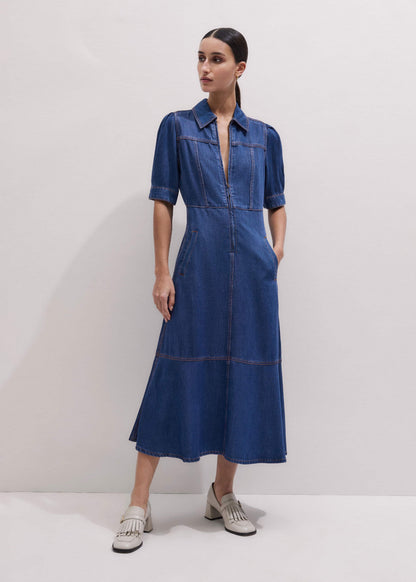 Blue Fluid Fit + Flare Midi Dress + Belt | ME+EM
