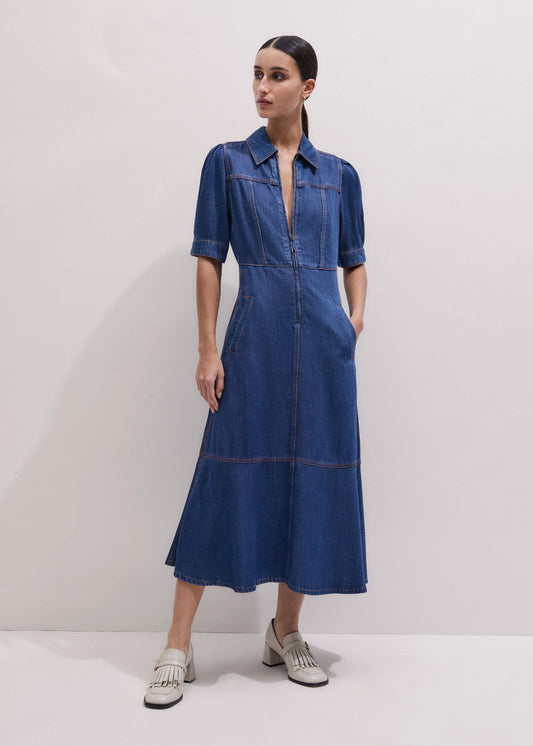 Blue Fluid Fit + Flare Midi Dress + Belt | ME+EM