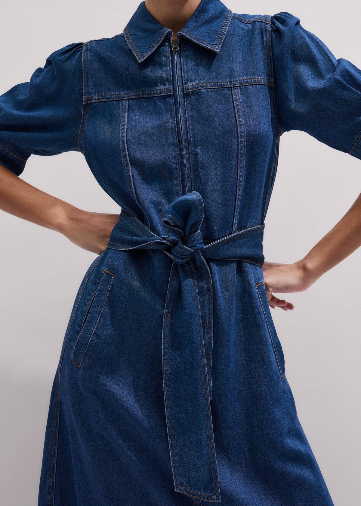 Blue Fluid Fit + Flare Midi Dress + Belt | ME+EM