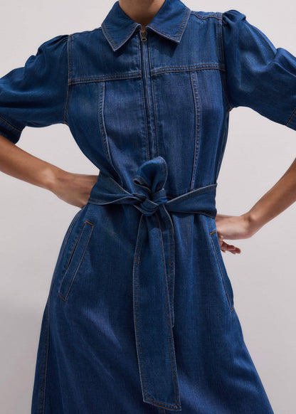 Blue Fluid Fit + Flare Midi Dress + Belt | ME+EM