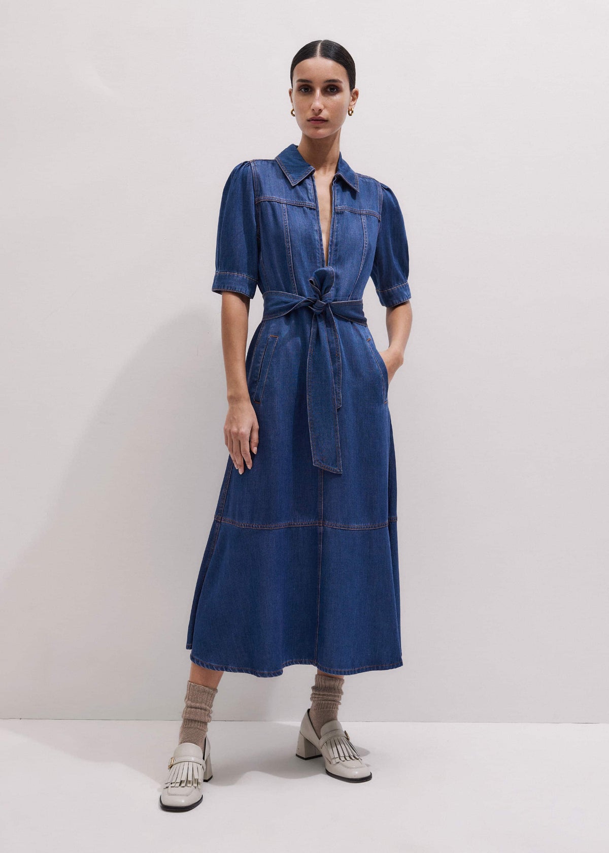 Blue Fluid Fit + Flare Midi Dress + Belt | ME+EM