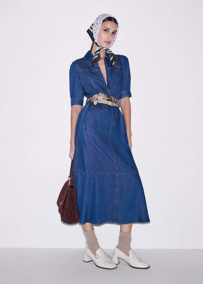 Blue Fluid Fit + Flare Midi Dress + Belt | ME+EM
