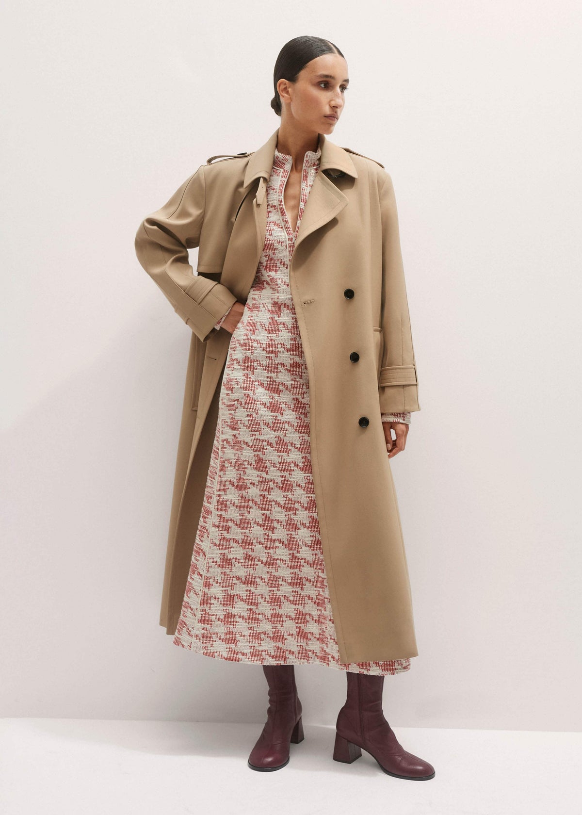 Red Exaggerated Houndstooth Midi Dress | ME+EM