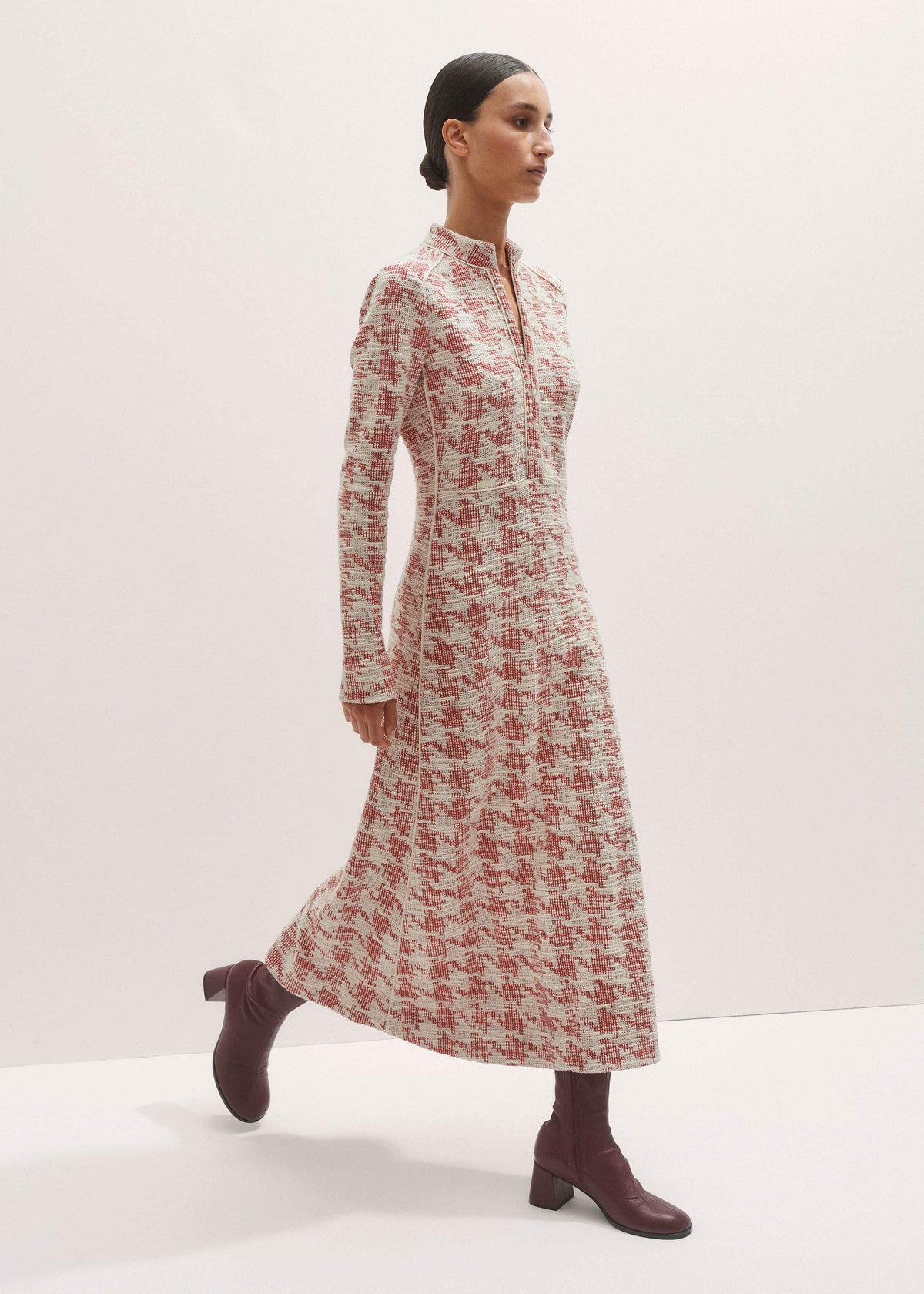 Red Exaggerated Houndstooth Midi Dress | ME+EM