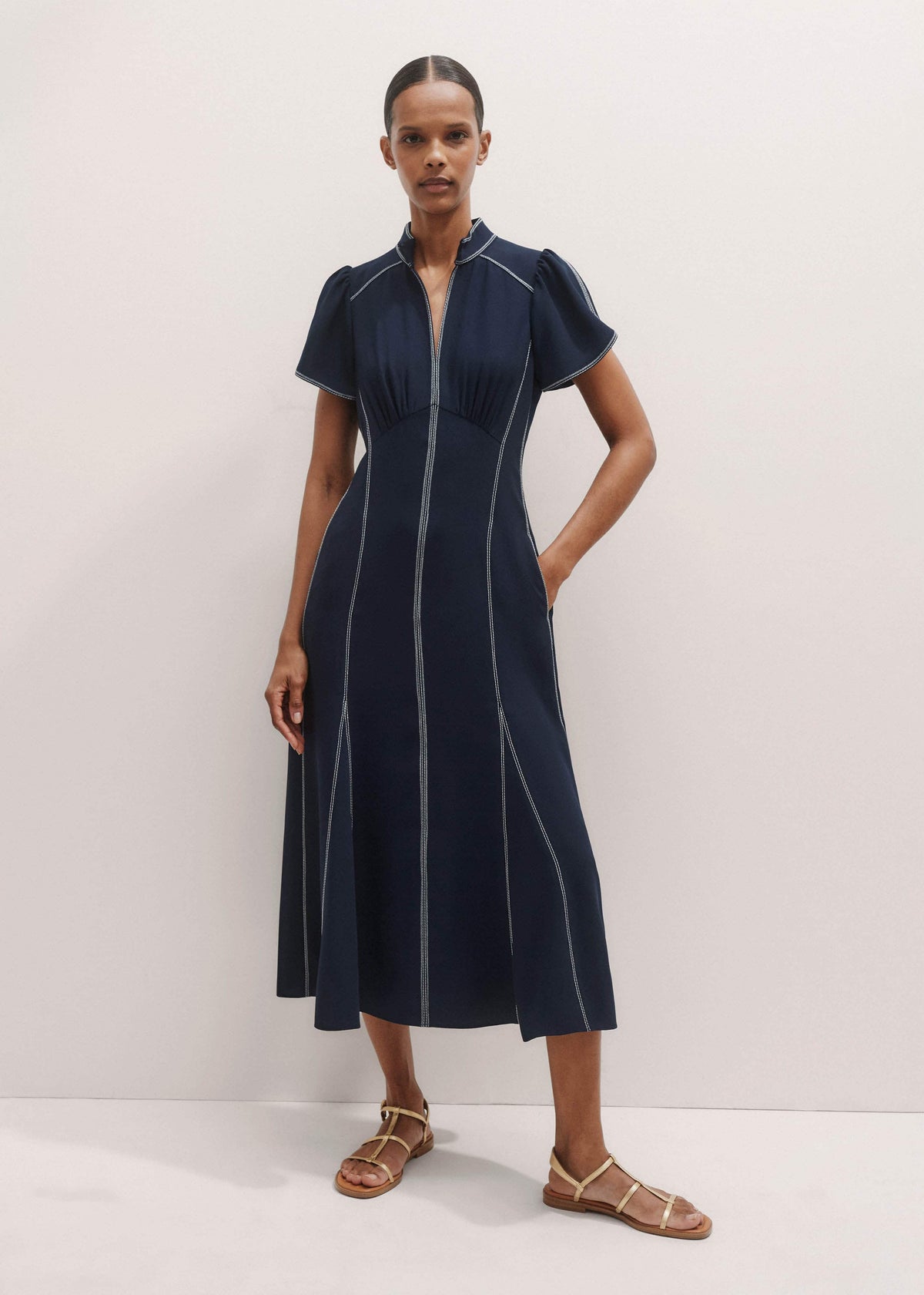 Navy Contrast Stitch Midi Dress | ME+EM