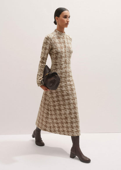 Brown Exaggerated Houndstooth Midi Dress | ME+EM