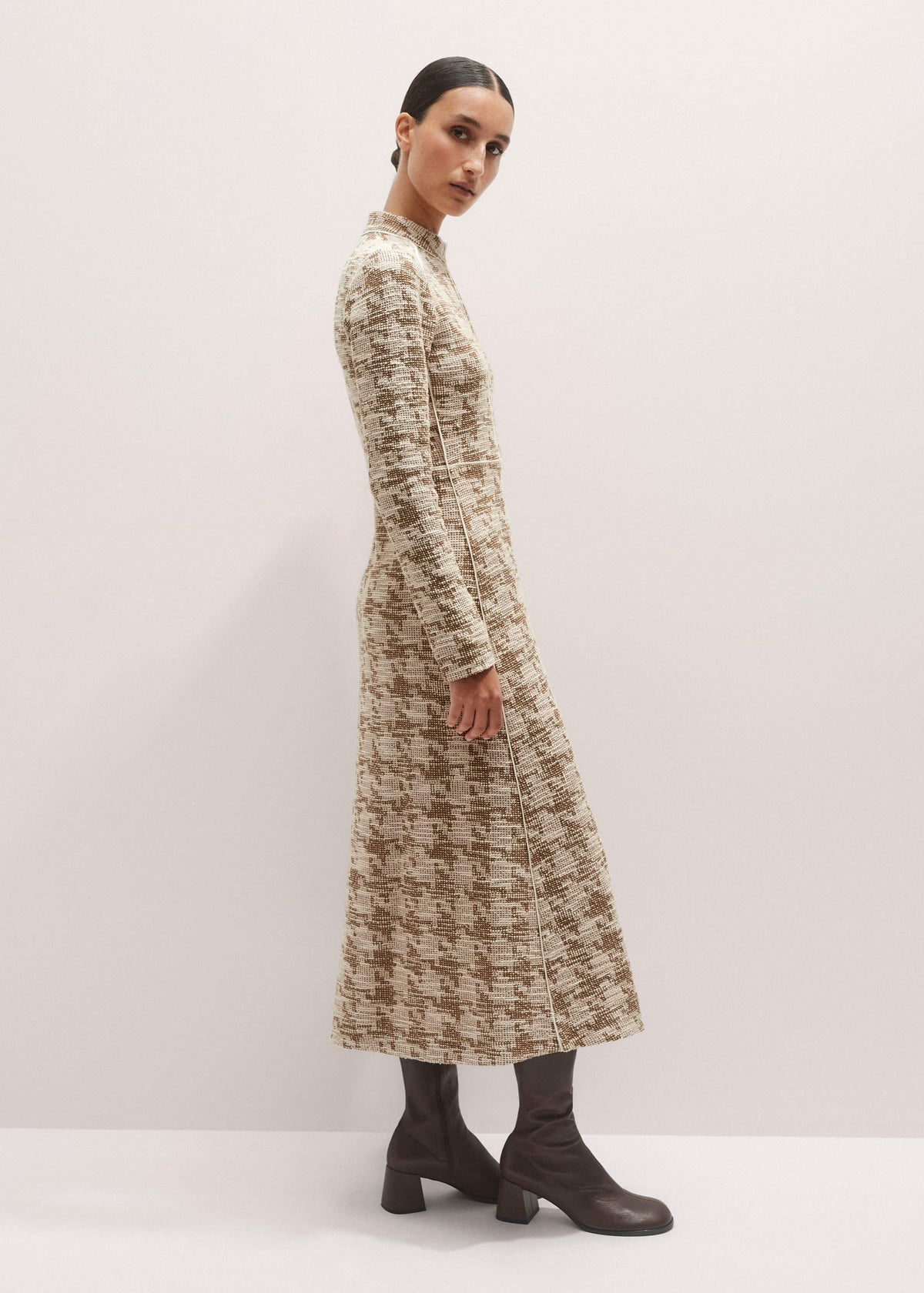 Brown Exaggerated Houndstooth Midi Dress | ME+EM
