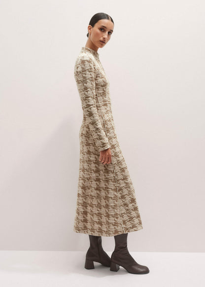 Brown Exaggerated Houndstooth Midi Dress | ME+EM