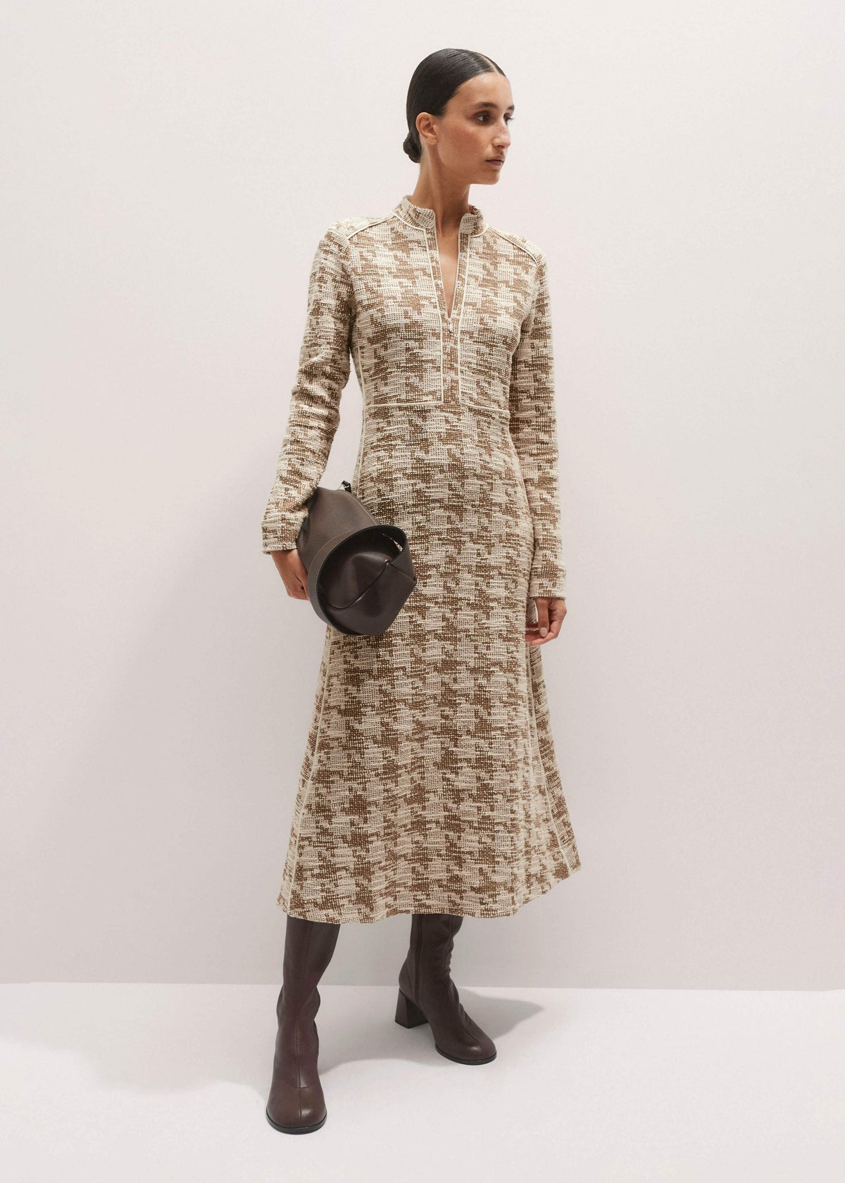 Brown Exaggerated Houndstooth Midi Dress | ME+EM