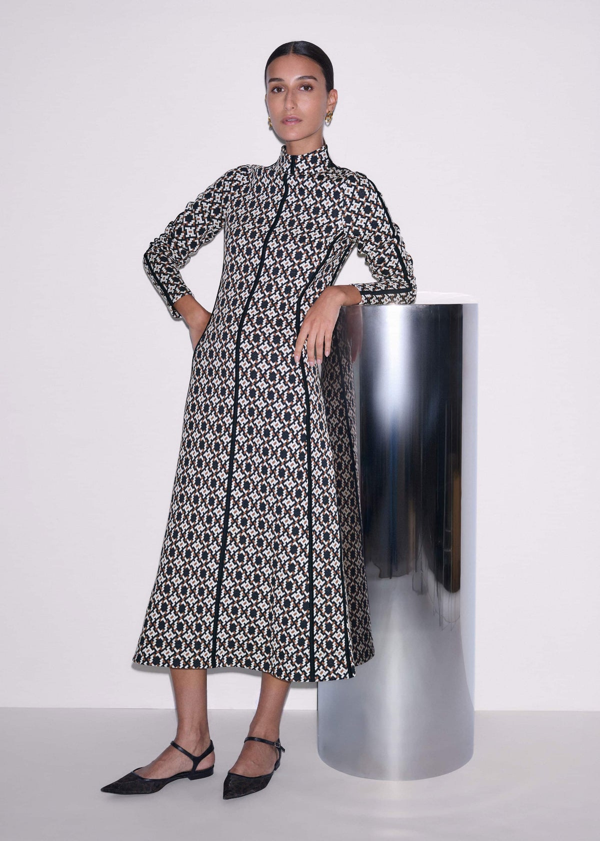 Navy Graphic Jacquard Fit and Flare Midi Dress | ME+EM