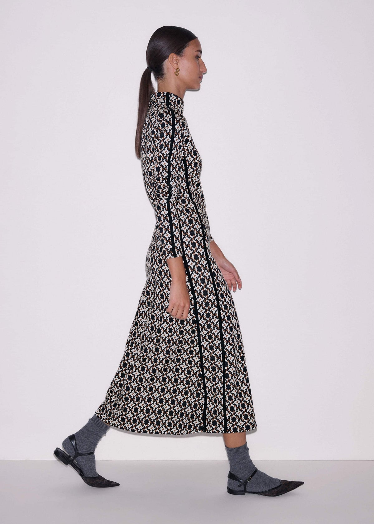 Navy Graphic Jacquard Fit and Flare Midi Dress | ME+EM