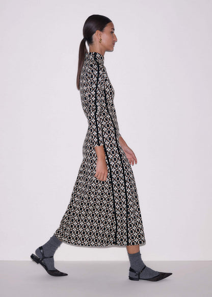 Navy Graphic Jacquard Fit and Flare Midi Dress | ME+EM