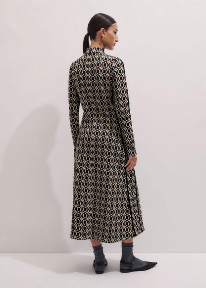 Navy Graphic Jacquard Fit and Flare Midi Dress | ME+EM