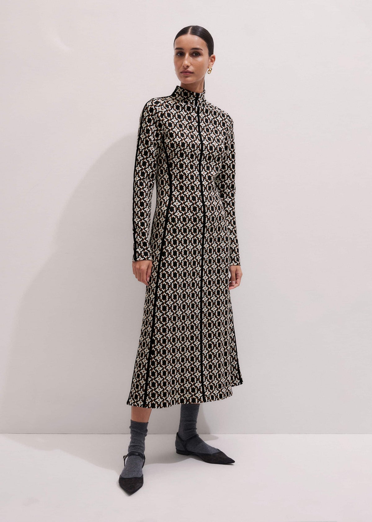 Navy Graphic Jacquard Fit and Flare Midi Dress | ME+EM