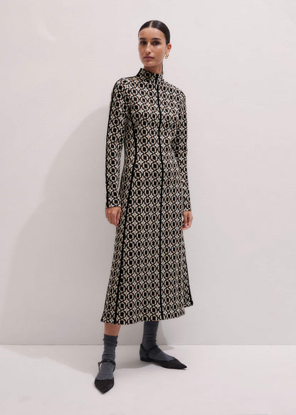 Navy Graphic Jacquard Fit and Flare Midi Dress | ME+EM