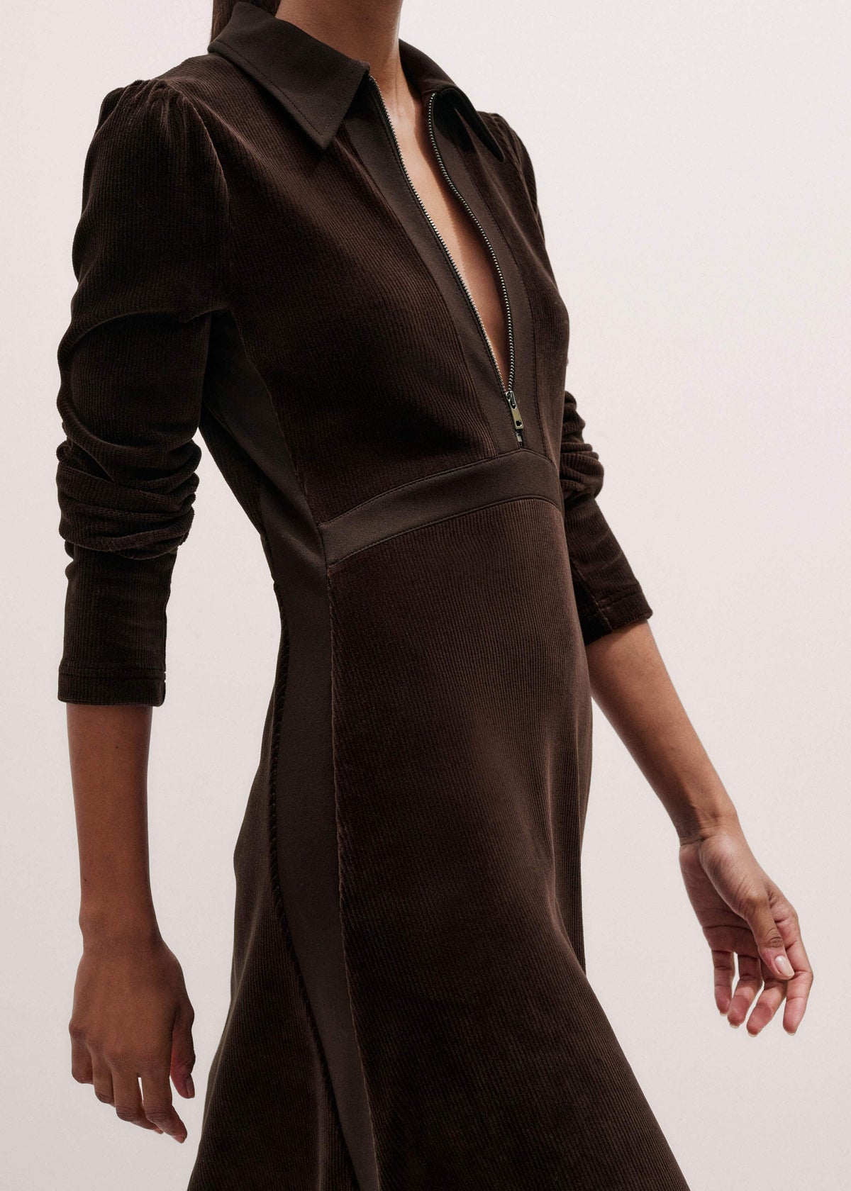 Brown Ponte Collared Cord Velour AM-PM Midi Dress | ME+EM