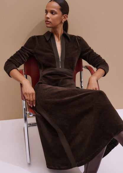 Brown Ponte Collared Cord Velour AM-PM Midi Dress | ME+EM