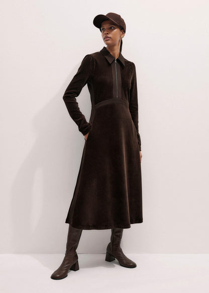 Brown Ponte Collared Cord Velour AM-PM Midi Dress | ME+EM