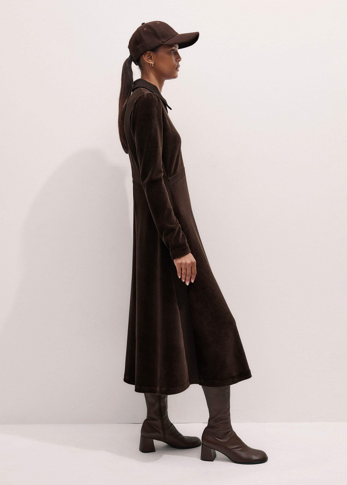 Brown Ponte Collared Cord Velour AM-PM Midi Dress | ME+EM