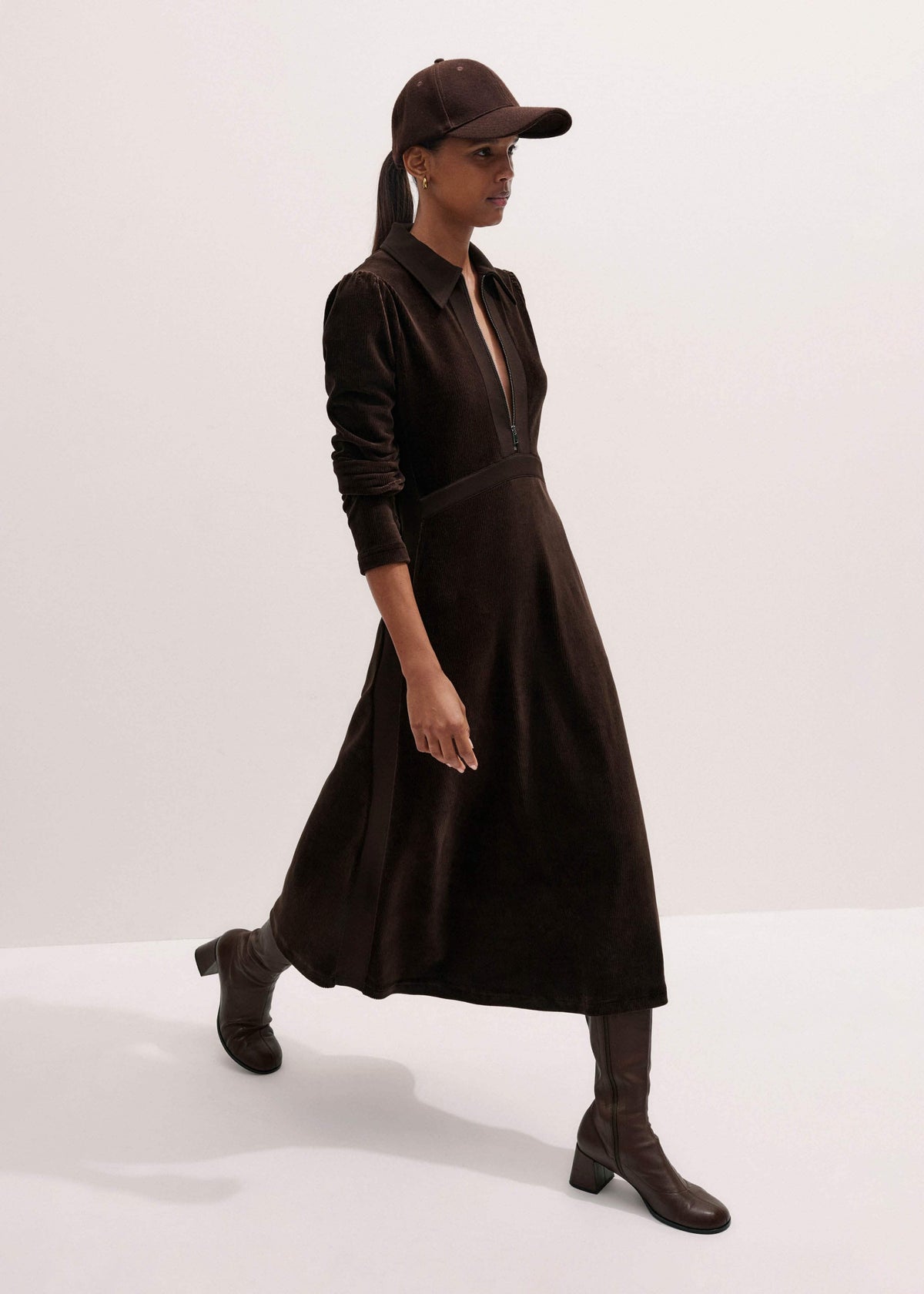 Brown Ponte Collared Cord Velour AM-PM Midi Dress | ME+EM