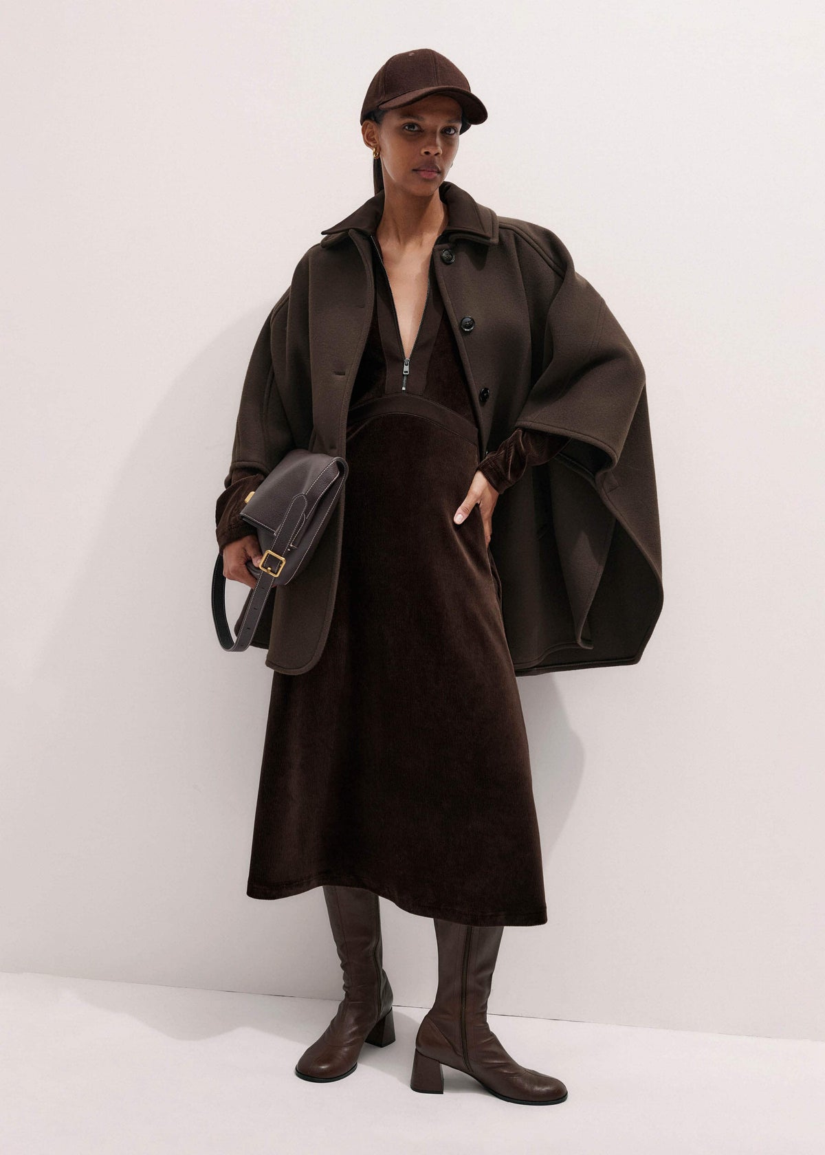 Brown Ponte Collared Cord Velour AM-PM Midi Dress | ME+EM