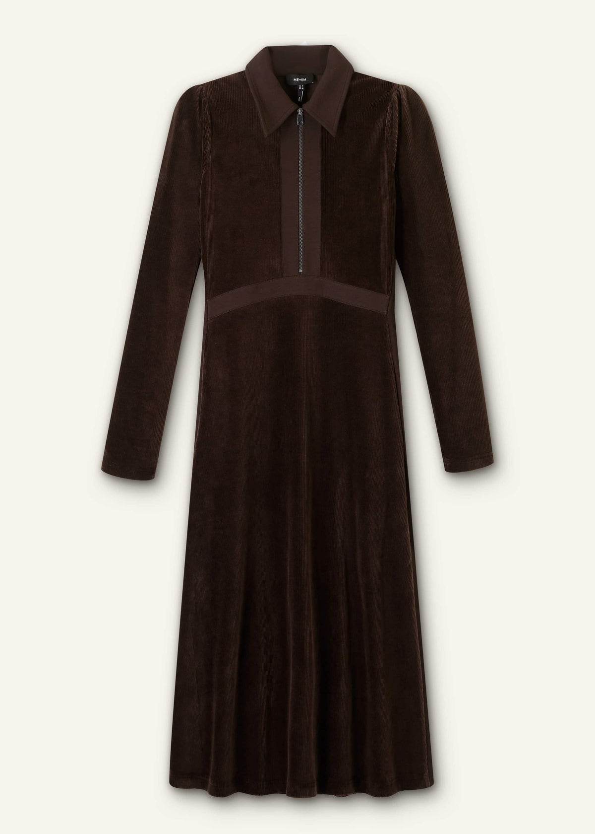 Brown Ponte Collared Cord Velour AM-PM Midi Dress | ME+EM