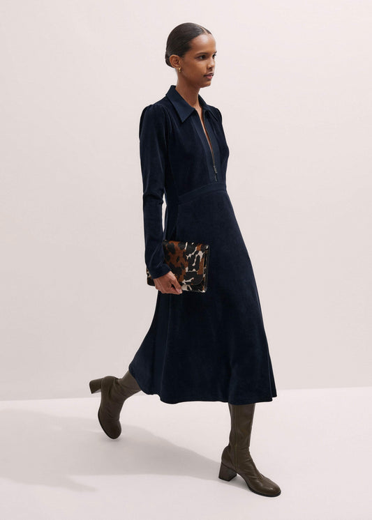 Navy Ponte Collared Cord Velour AM-PM Midi Dress | ME+EM