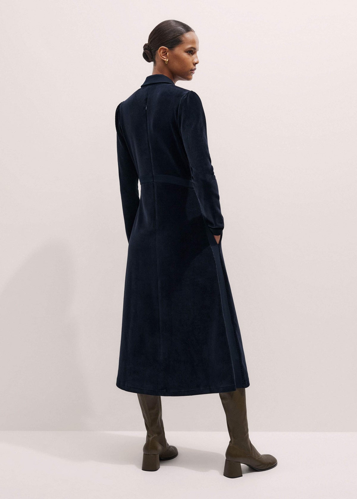 Navy Ponte Collared Cord Velour AM-PM Midi Dress | ME+EM