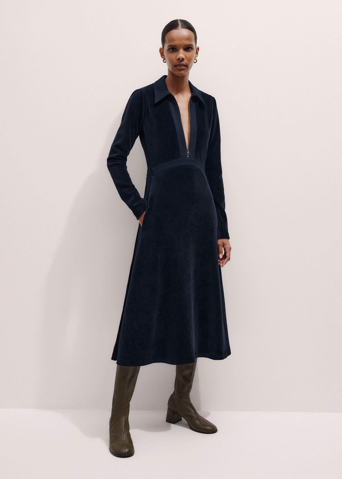 Navy Ponte Collared Cord Velour AM-PM Midi Dress | ME+EM