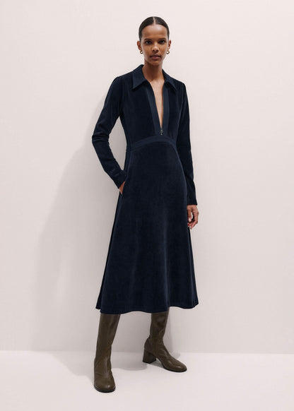 Navy Ponte Collared Cord Velour AM-PM Midi Dress | ME+EM
