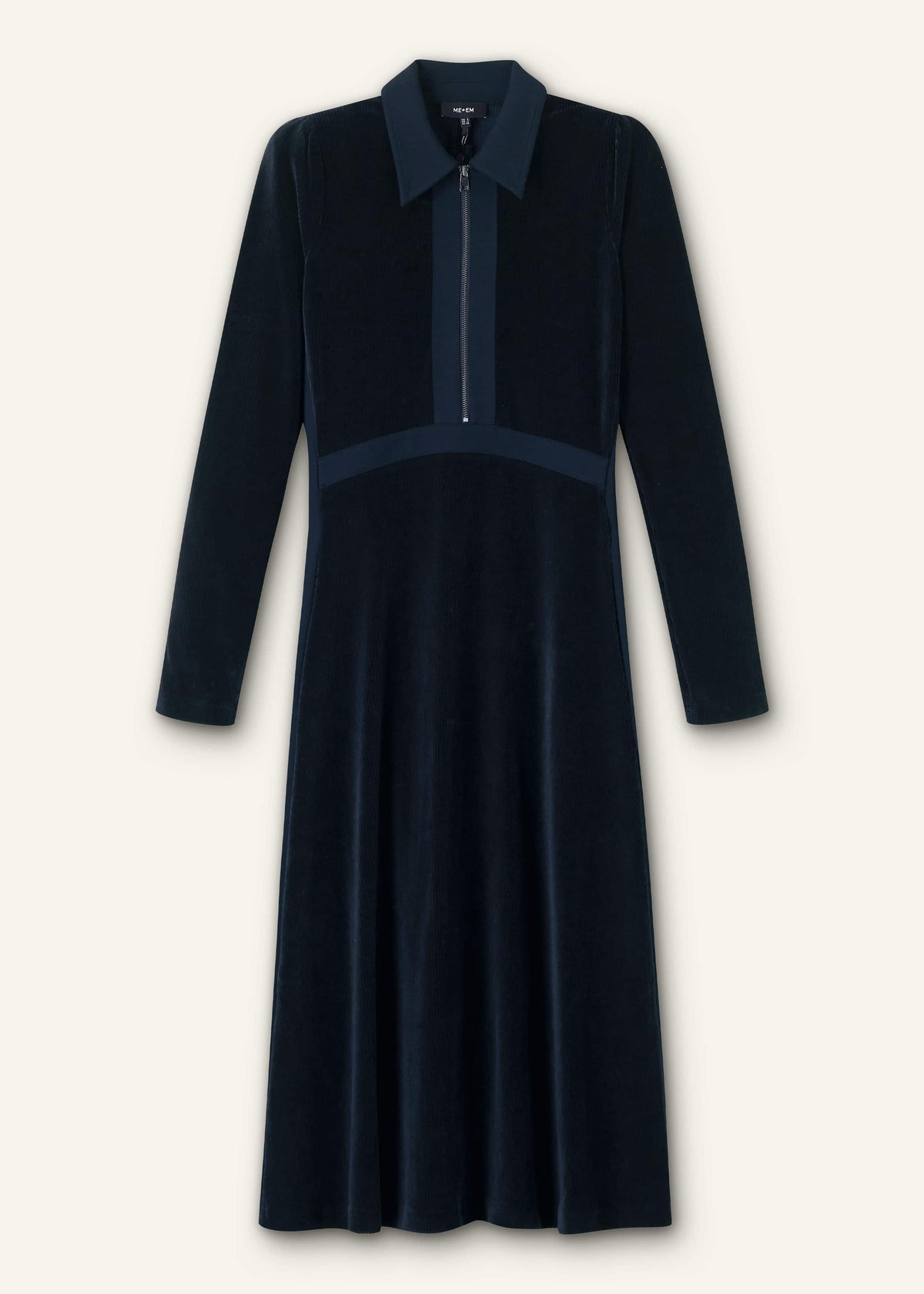 Navy Ponte Collared Cord Velour AM-PM Midi Dress | ME+EM