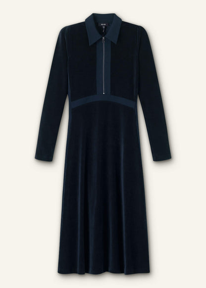 Navy Ponte Collared Cord Velour AM-PM Midi Dress | ME+EM