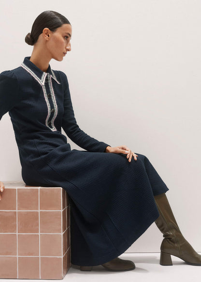 Navy Crochet Trim Fit and Flare Midi Dress | ME+EM