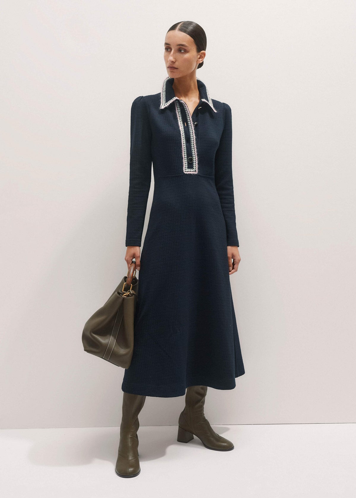 Navy Crochet Trim Fit and Flare Midi Dress | ME+EM
