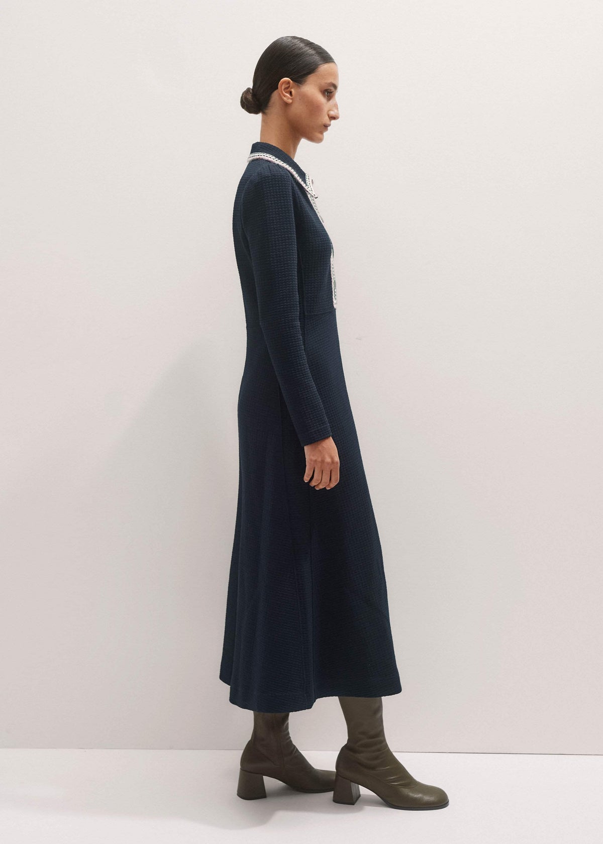 Navy Crochet Trim Fit and Flare Midi Dress | ME+EM