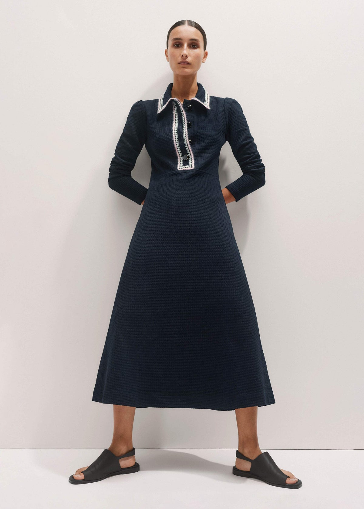 Navy Crochet Trim Fit and Flare Midi Dress | ME+EM