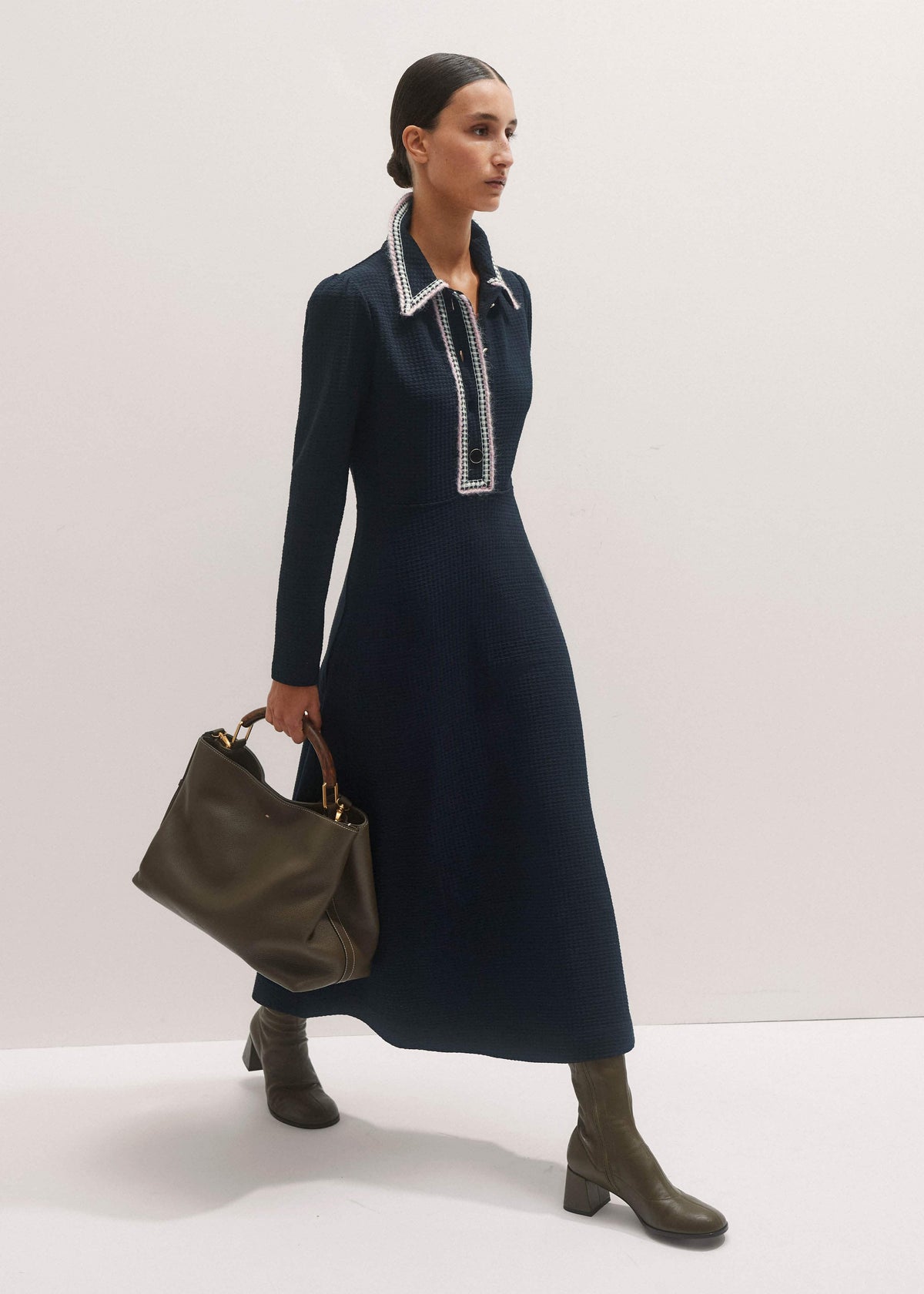 Navy Crochet Trim Fit and Flare Midi Dress | ME+EM